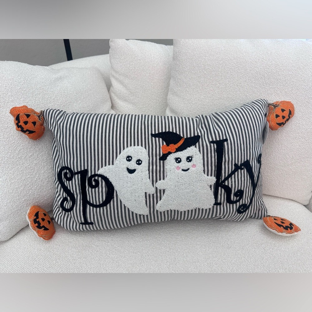 Striped Halloween Pillow with "SPOOKY" Ghosts and Pumpkin Tassels on the Corners